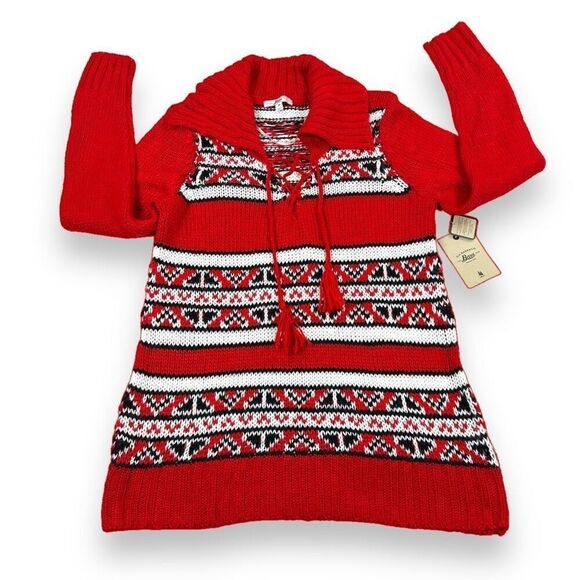 GH‎ Bass Sweater Womens Medium Size M Red White Cowl Neck Lace Up Front Pullover - Picture 1 of 7